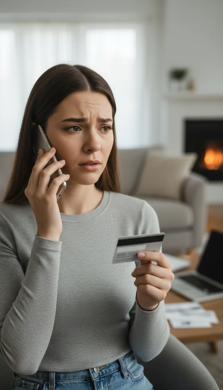 Mulher preocupada ao telefone segurando um cartão bancário